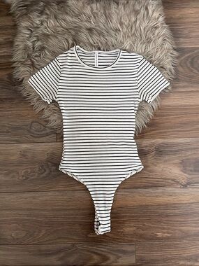 Lulus Striped Short-Sleeve Ribbed One-Piece Bodysuit - White & Black